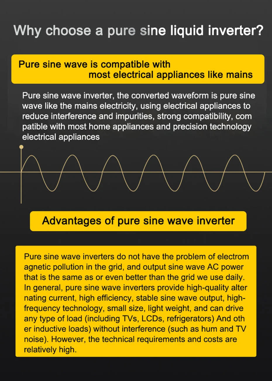 Pure Sine Wave Inverter, DC power converter for solar systems, converting 12v/24v to 220V AC with 1000-3000W output and LED display.