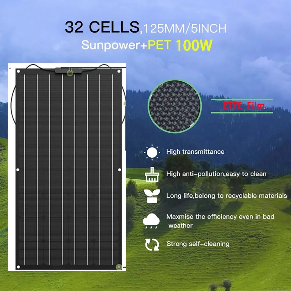 Portable Flexible Solar Panel, High-efficiency solar panel with clear coating, durable design, and recyclable materials.