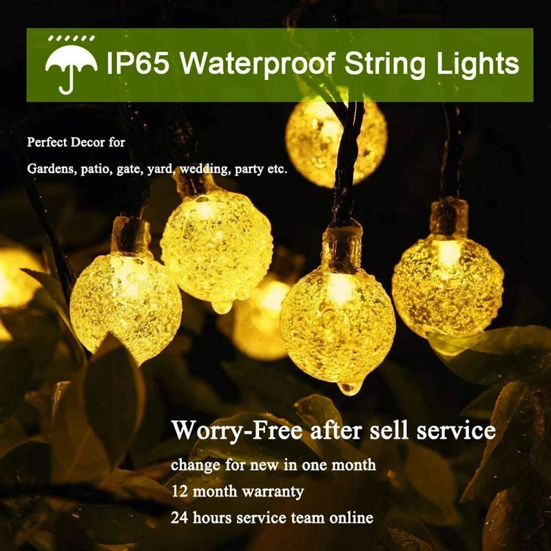 Solar String Light, Waterproof solar-powered string lights for outdoor use, backed by 1-month replacement guarantee and 12-month warranty with 24/7 customer support.