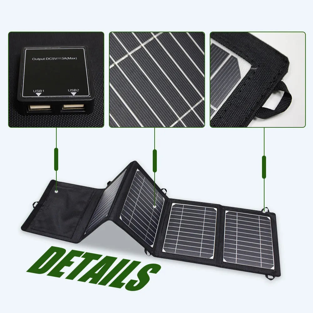 Upgraded 28W 21W 14W Portable Solar Panel, Output: Dual USB ports (5V), suitable for charging most phones and devices.