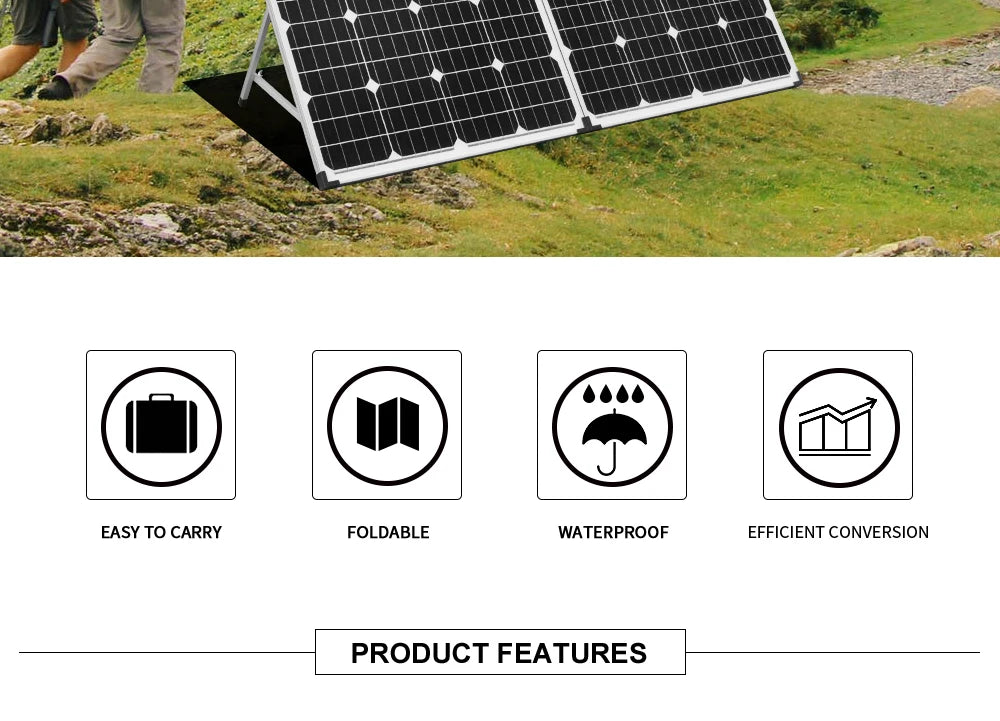Dokio 100W Foldable Solar Panel, Compact, foldable, and waterproof design with efficient conversion, featuring easy portability.