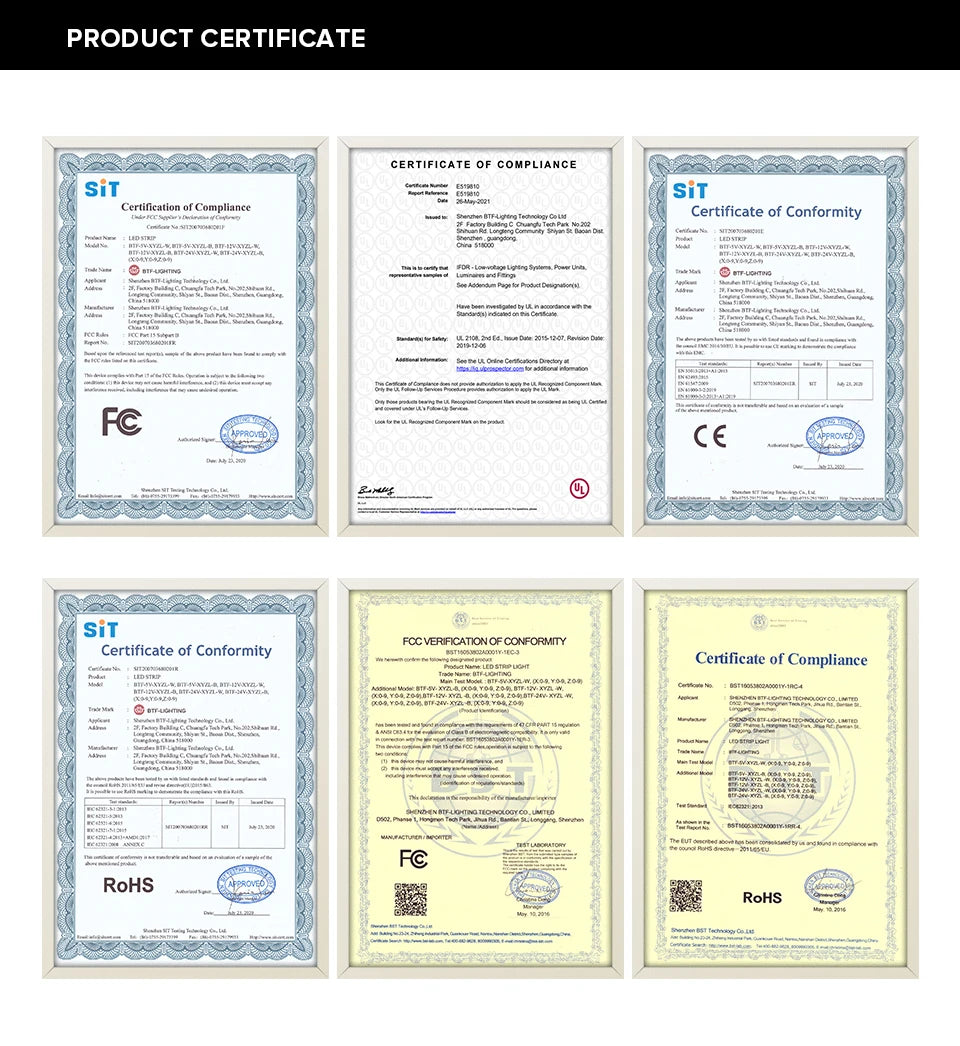 SK6812 RGBW Led Strip Light, Certificate of Compliance for RGBW LED Strip Light meeting FCC, RoHS, and EN62471 standards.