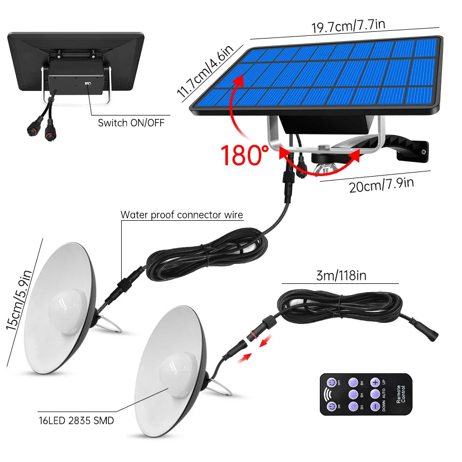 LED Solar Pendant Light, Solar pendant light with interchangeable heads for indoor/outdoor use; waterproof and suitable for doorways, patios, and more.