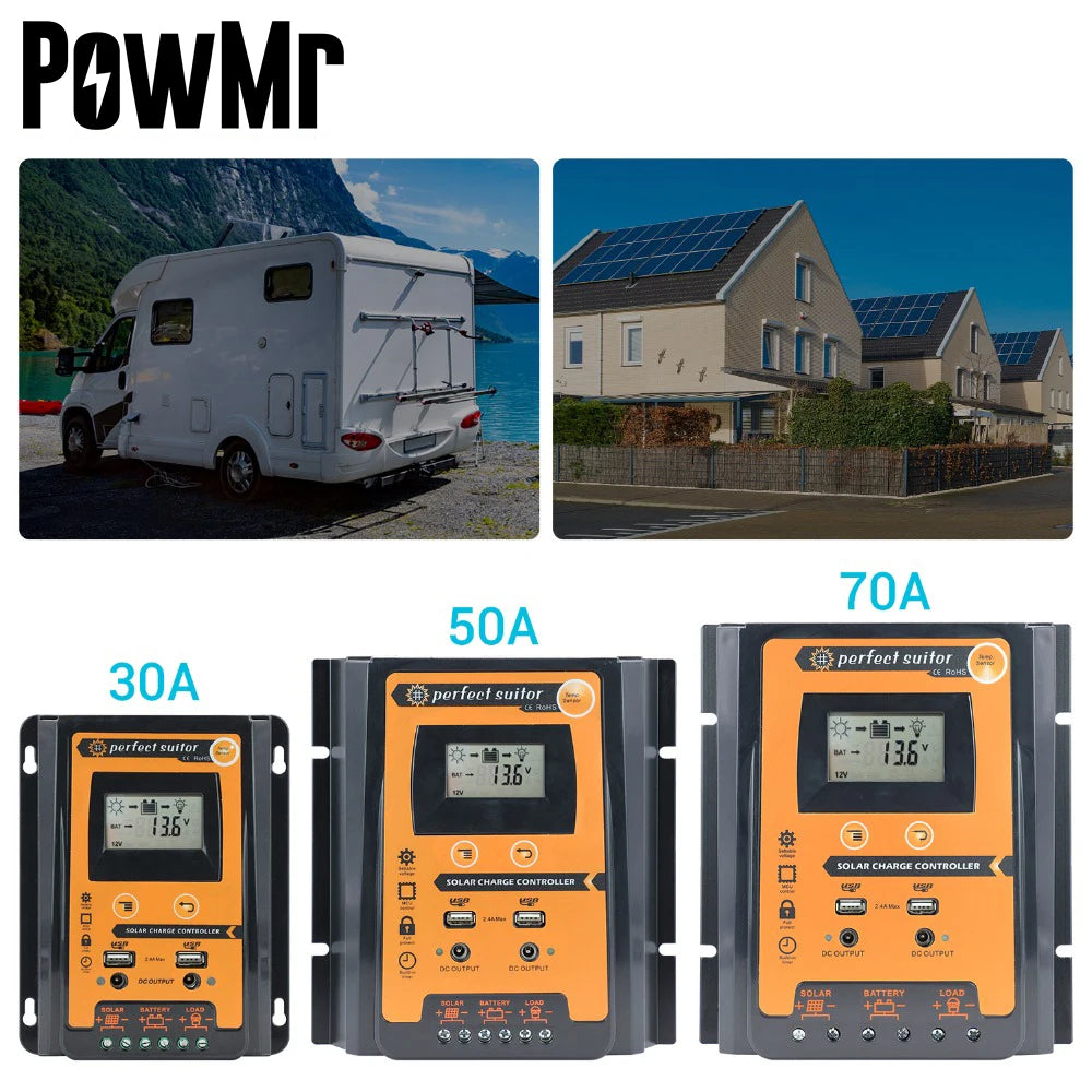 PowMr Solar Panel MPPT Solar Charge Controller, PowMr solar charge controller options: 30A, 50A, and 70A with MPPT and dual USB ports.