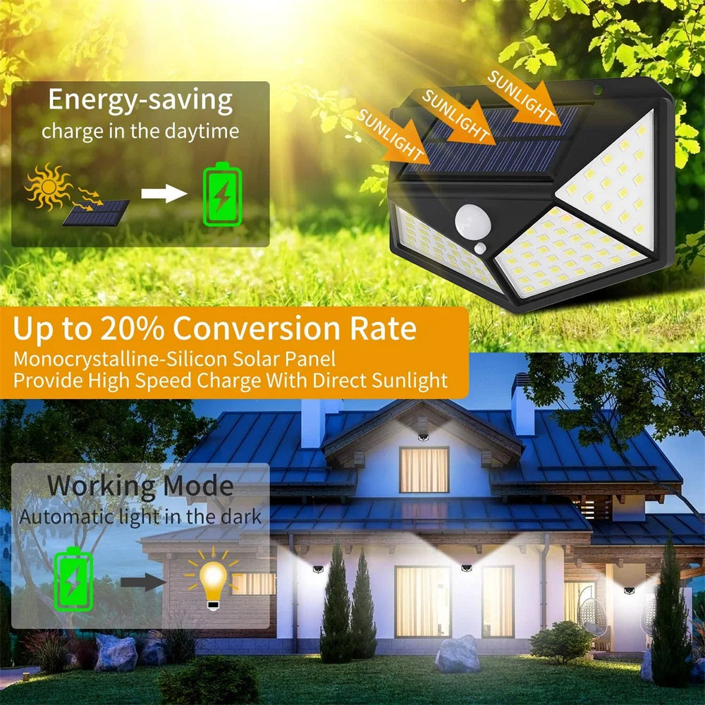 100 Led Solar Light, Solar-powered lantern charges during the day and illuminates at dusk with direct sunlight.