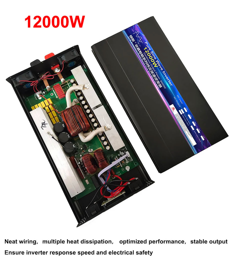 Pure sine wave inverter with 12,000W power, ensuring fast response, safety, and optimal performance.