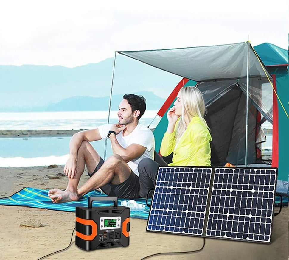 FF Flashfish 100W 18V Portable Solar Panel, Portable solar panel charger for outdoor use, featuring a foldable design and 5V USB output.