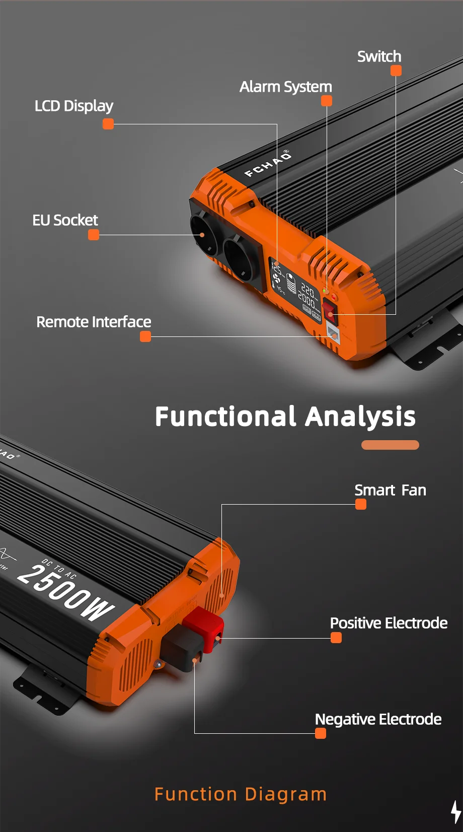 FCHAO 5000W Car Power Inverter, High-tech inverter for pure sine wave power conversion, featuring LCD display and remote control.