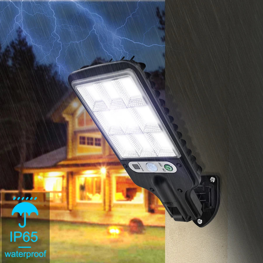 Solar Street Light, Solar-powered street light with motion sensor and three brightness modes for outdoor use.