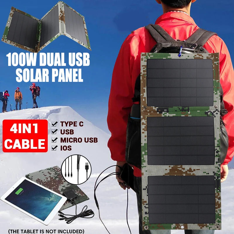 Foldable 5V 100W Dual USB Solar Panel, Waterproof solar charger with multiple USB ports for charging devices outdoors.