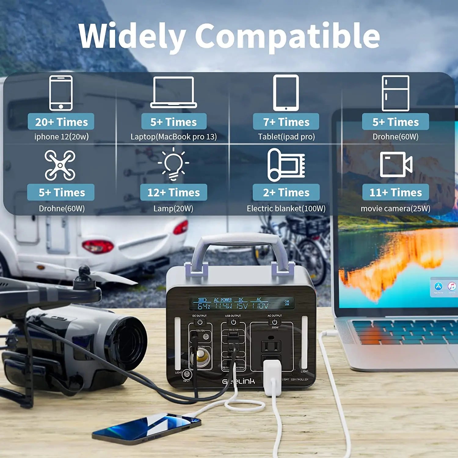 Barler 500Wh Portable Power Station, Power station charges multiple devices: iPhones, MacBooks, iPads, drones, lamps, and more.