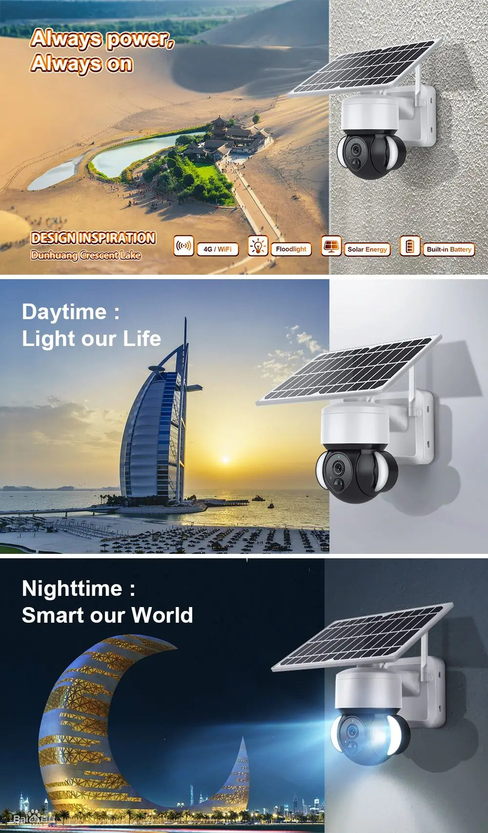 SHIWOJIA ST-518 Solar Camera, Solar-powered camera with battery backup and WiFi for continuous surveillance, day and night.