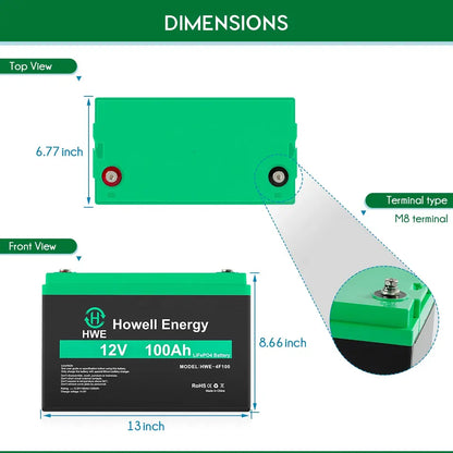 Howell 12v 100ah Battery - Rechargeable solar storage High capacity waterproof lifepo4 litium batteries with BMS for RV BOATS Golf Carts