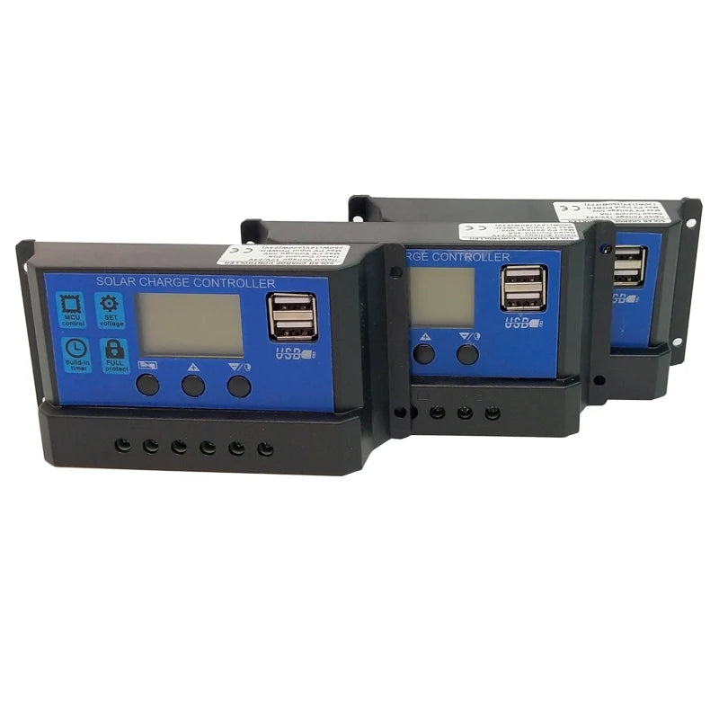 Solar charge controller with LCD display regulates battery charging from 10A to 30A for 12V/24V solar panels.