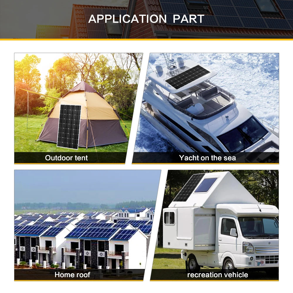 300W Solar Panel, Outdoor applications: tents, yachts, homes, roofs, and RVs.