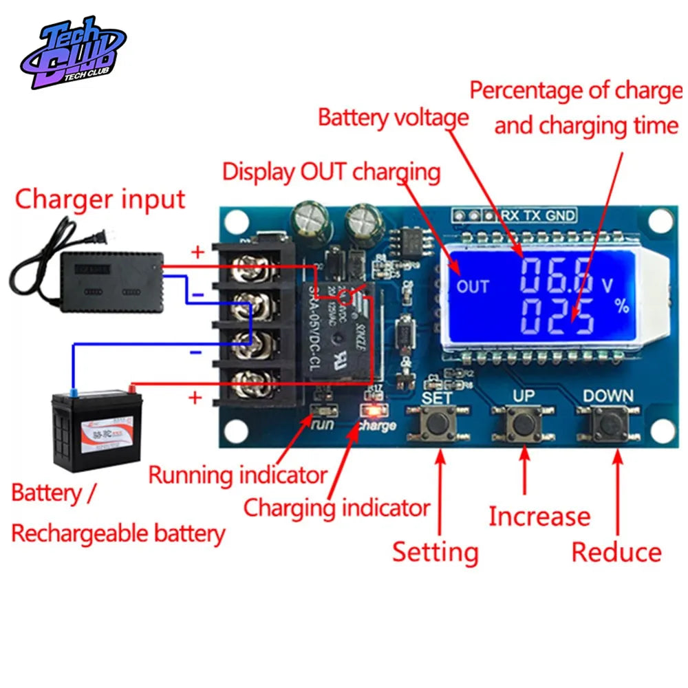 Monitor battery charge level, voltage, and charging time with an LCD display module featuring terminals and LED indicators.