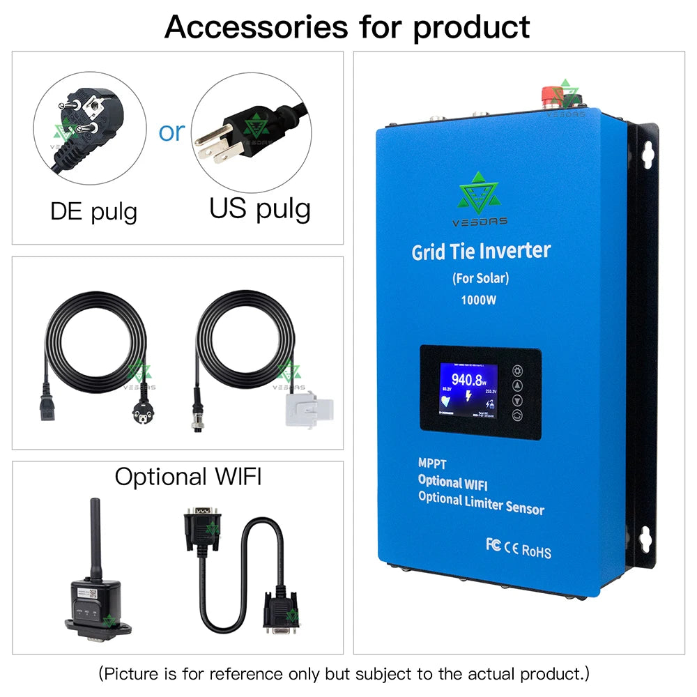1000W 2000W Solar Inverter, Wi-Fi connectivity, MPPT tracking, and ROHS compliance: accessories for solar inverter.