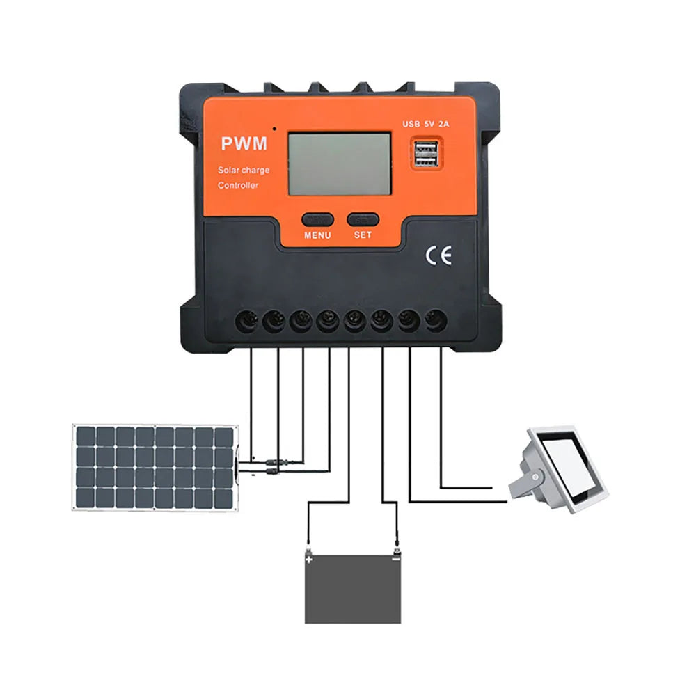 Menu settings for USB-based 2A PWM solar charger controller.