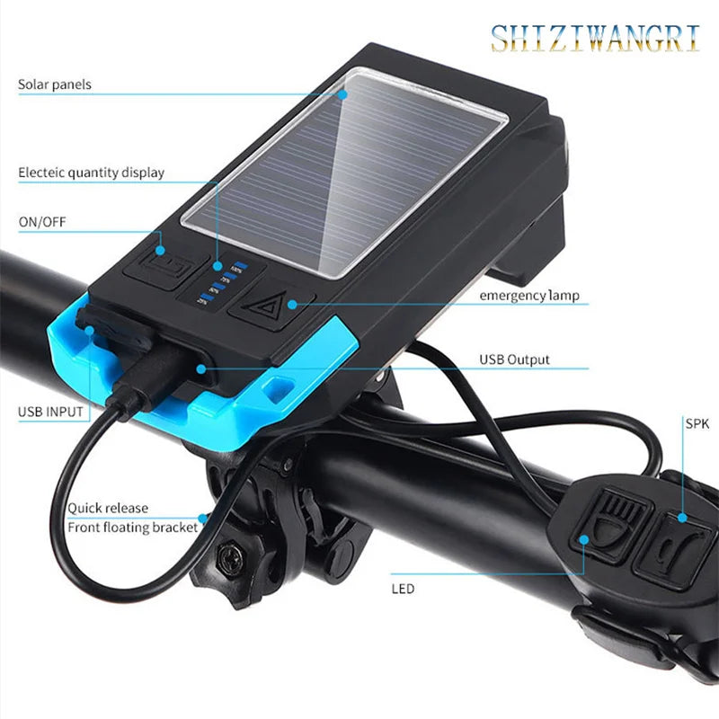 3 IN 1 LED Bike Light, Solar-powered bike light with USB recharge, features on/off switch and emergency flash, plus phone holder and easy installation.