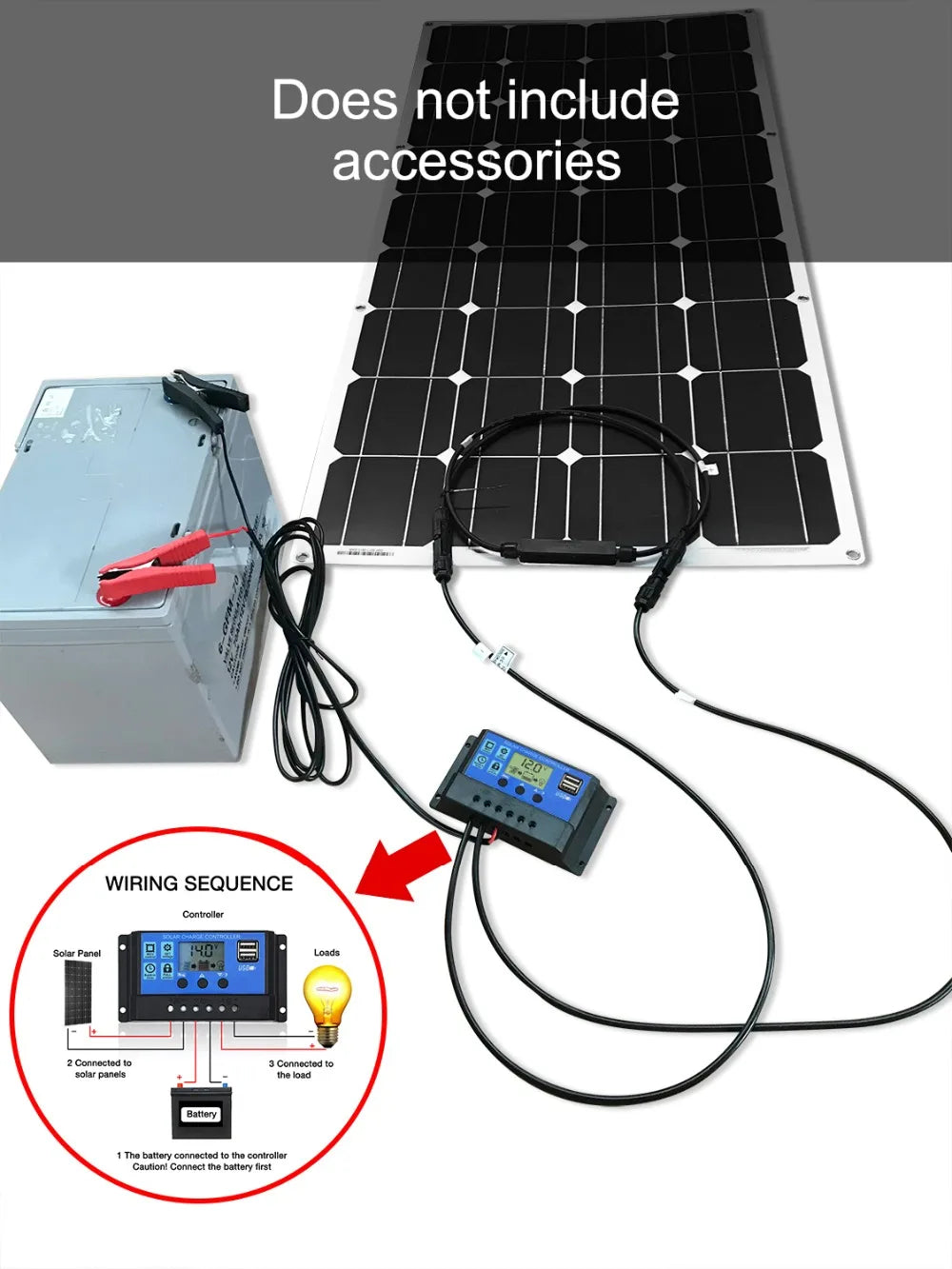 DOKIO 18V 100W Flexible Solar Panel, Wiring sequence: Battery to controller, then solar panels; no additional parts provided.