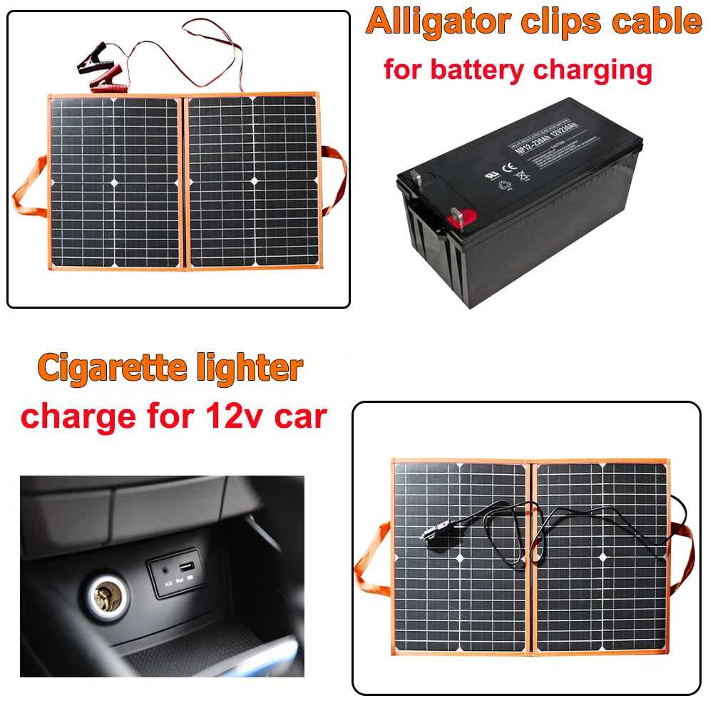 100W 80W 60W 40W Foldable Solar Panel, Multi-tool with alligator clips, cables, and adapter for charging 12V batteries and powering devices on-the-go.