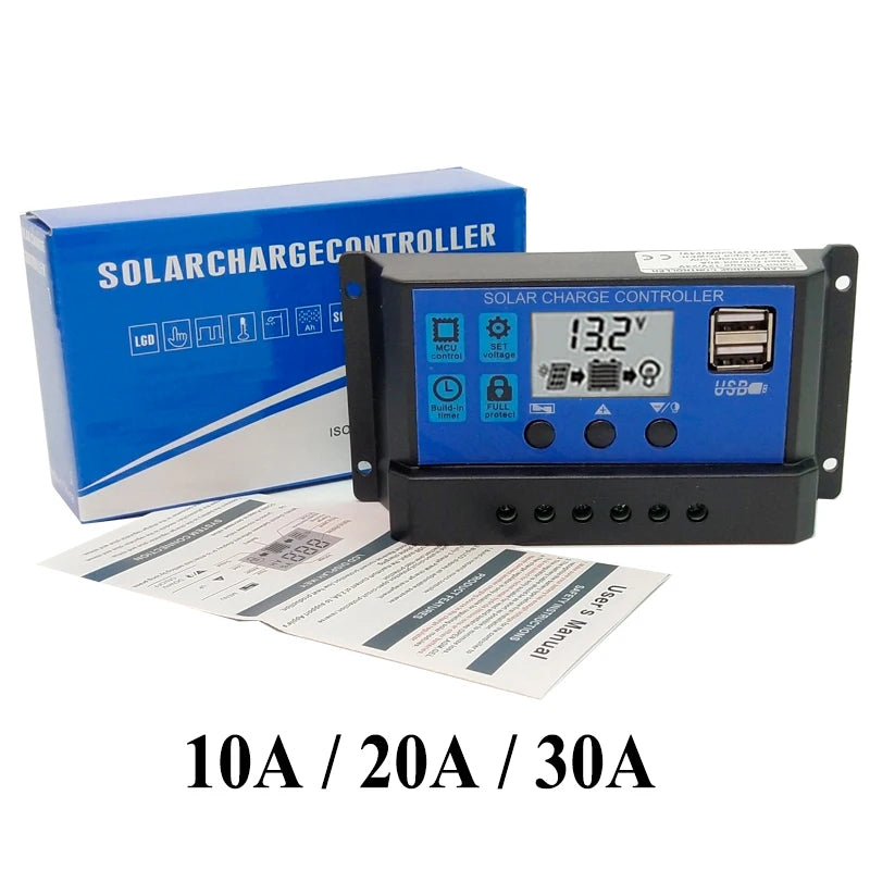 Auto solar charge controller with LCD display and USB port for charging batteries from solar panels.