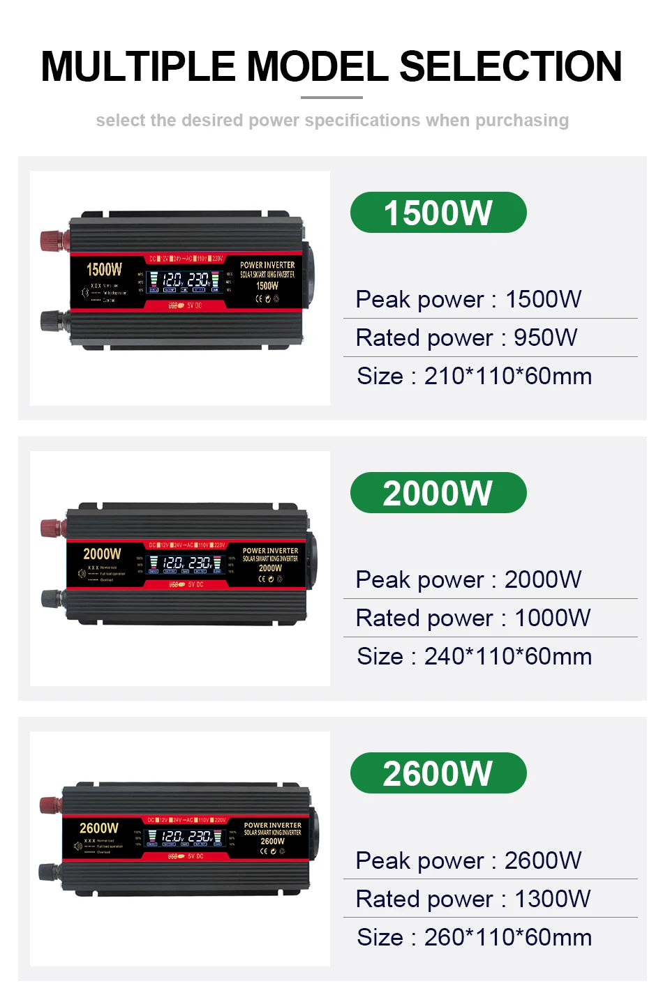 Solar Inverter, Choose from 1500W, 2000W, or 2600W models with varying specifications.