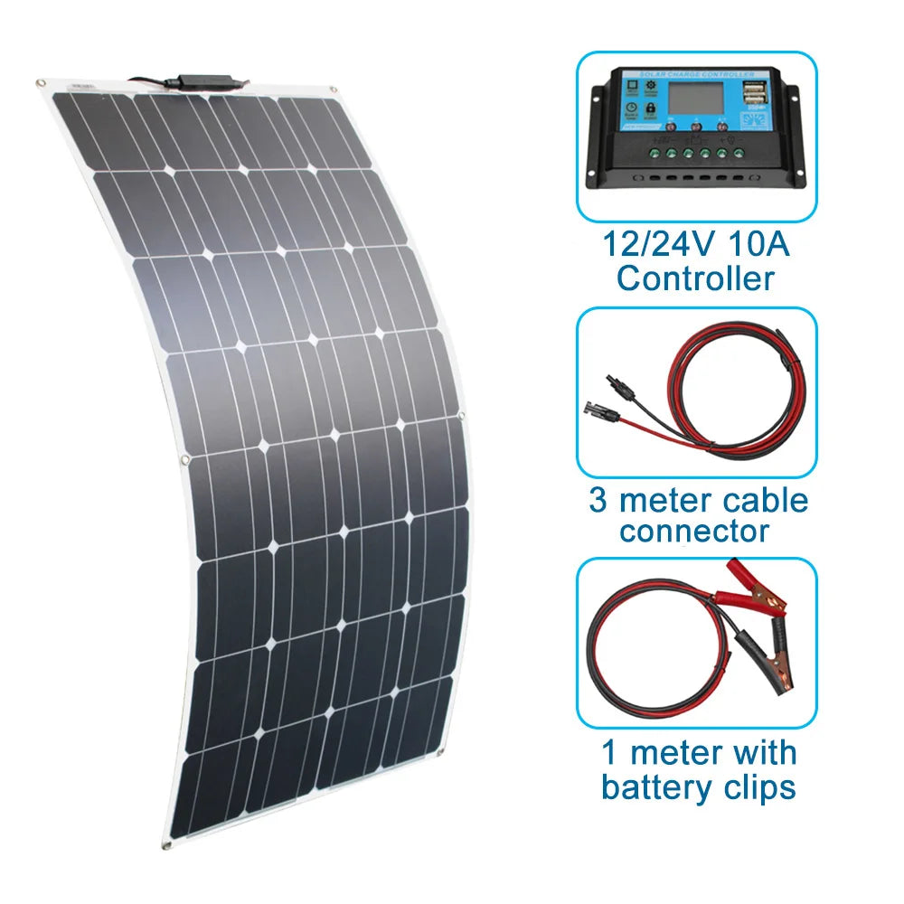 300w solar panel, Complete DC power kit including controller, cable, and connectors with battery terminals for easy installation.