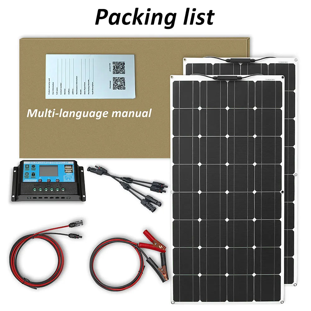 DGSUNLIGHT 100w 200w 12v portable Solar Panel, Packaging includes solar panel, instruction manual in multiple languages.