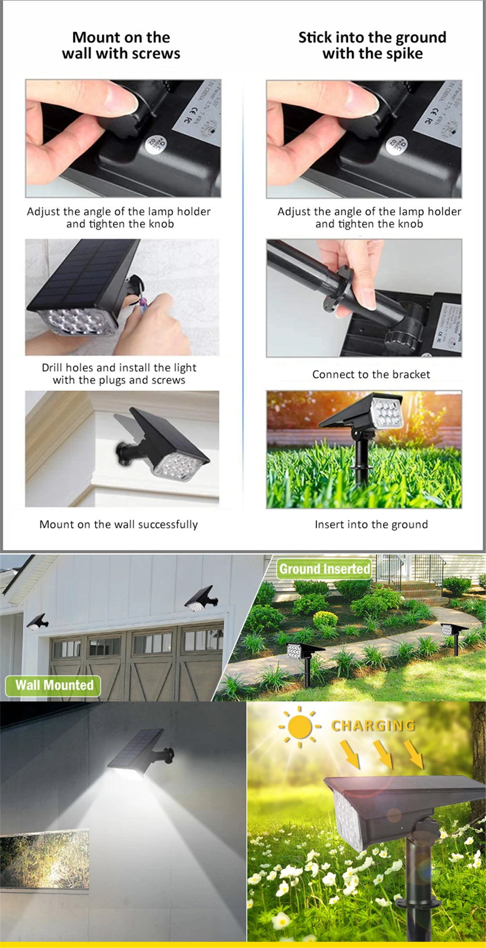 T-SUN 1pc/2pc/4pcs Adjustable Solar Spotlight, Install lamp by attaching to walls or grounds with spikes and screws, adjusting angle and tightening knobs.