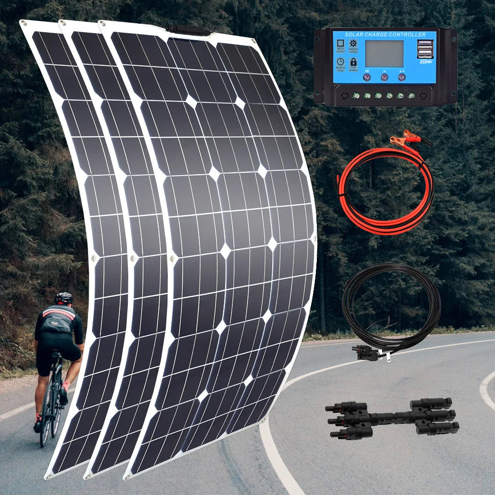 100w 200w 300w 400w Flexible Solar Panel, High-efficiency solar panel with PWM controller for RVs, boats, cars, and homes, charges 12V or 24V batteries.