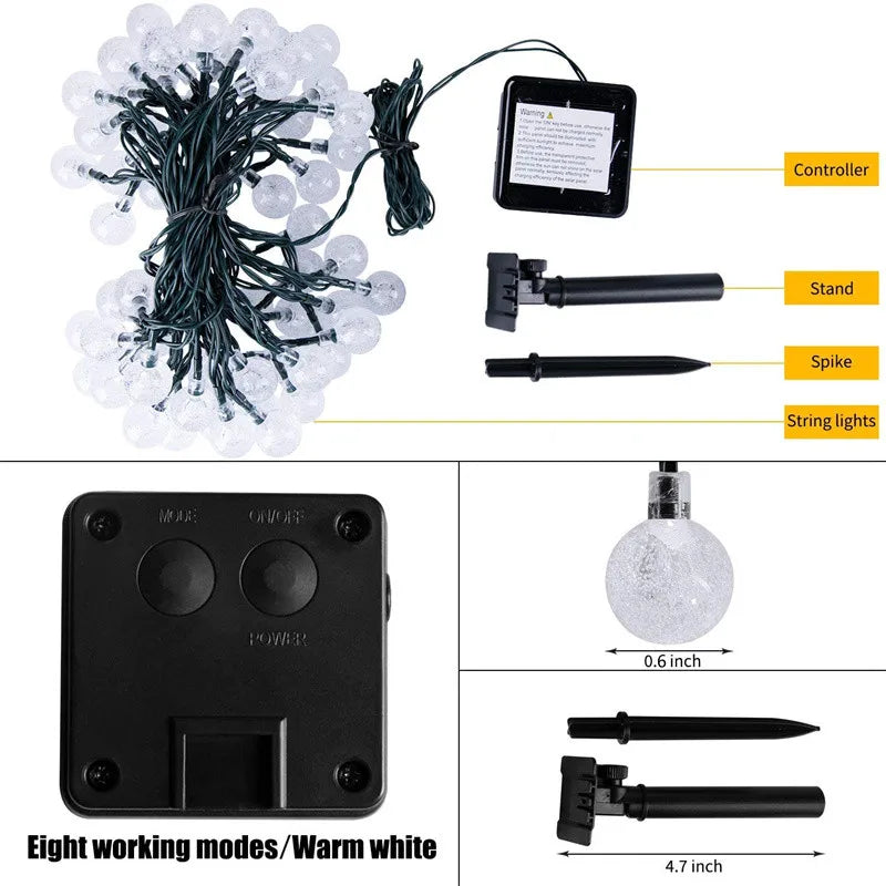 Solar String Light, String lights with 8 modes, crystal globe, and controller stand/spike for easy installation.