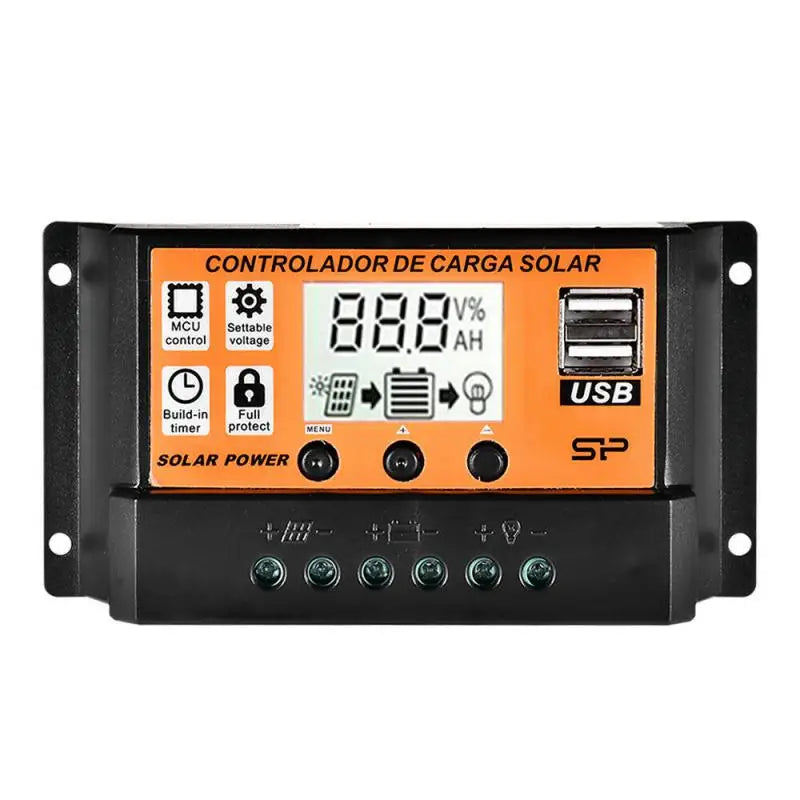 Solar charge controller with MCU-controlled voltage, timer, and protection for 12V/24V batteries, featuring dual USB ports and LCD display.