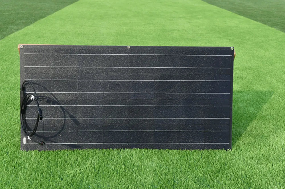 Flexible 100W solar panel charges 12V/24V batteries for backup power and off-grid uses.