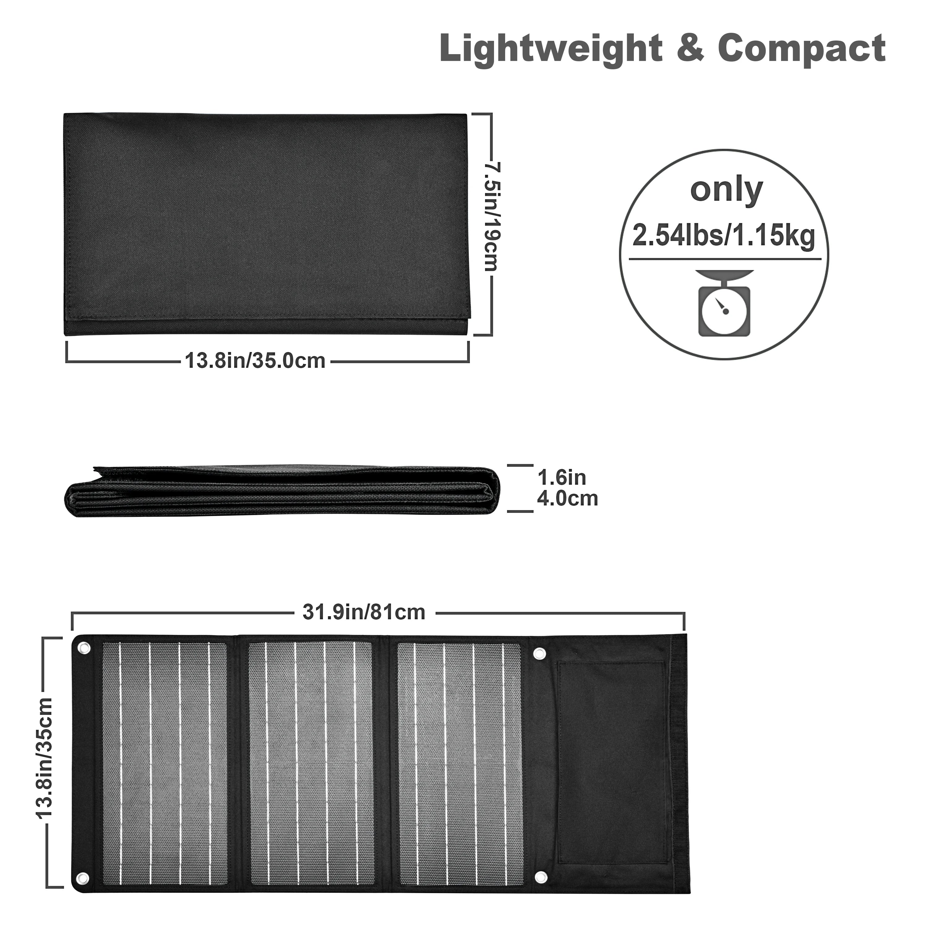 30W Portable Solar Panel, Portable solar panel weighs 2.54lbs, measures 13.8x4x0.6 inches, easy to carry.
