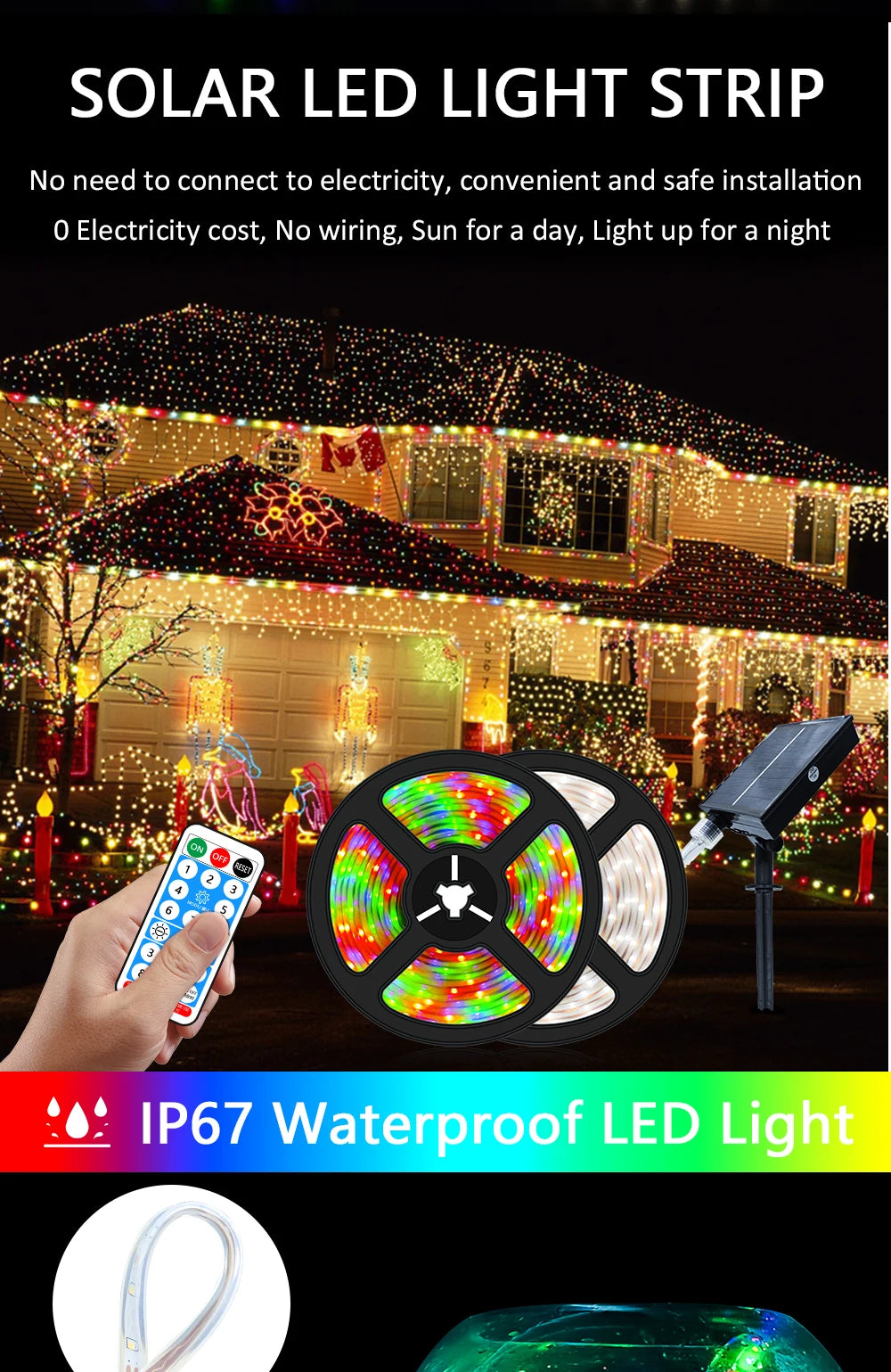 Solar Led Light, Solar-powered LED light strip, no wiring required, safe and easy install, waterproof for outdoor use.