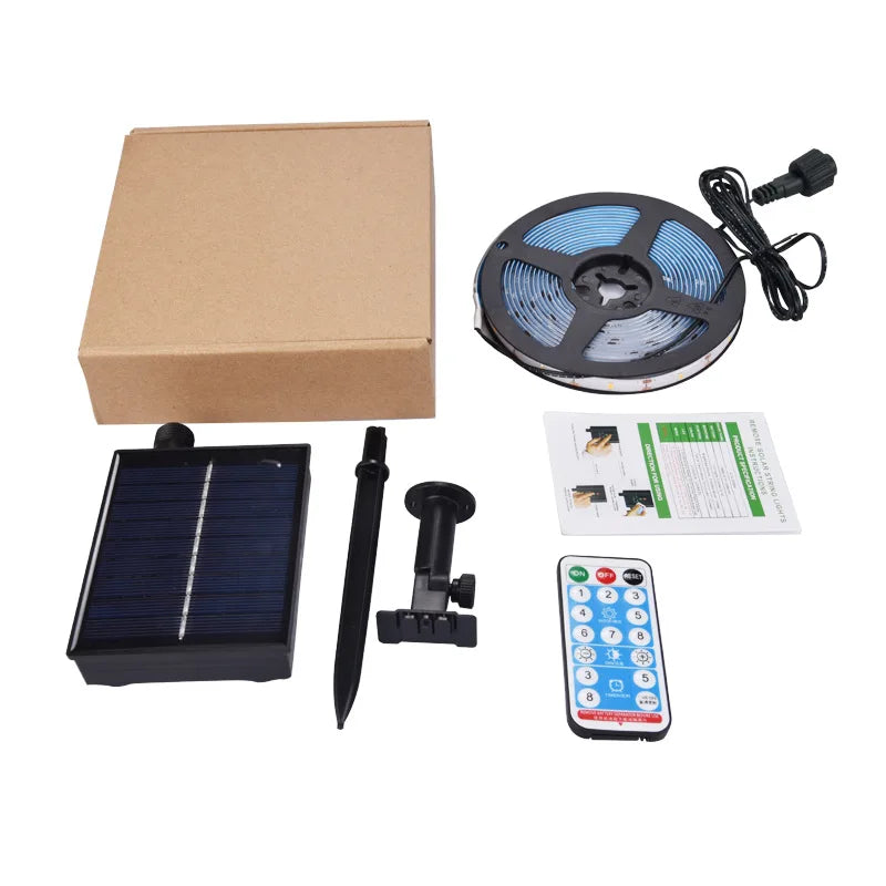 Solar Powered 3/4/5/10M Strip Light, Flexible solar-powered LED strip light with RGB color and waterproof design for outdoor use.