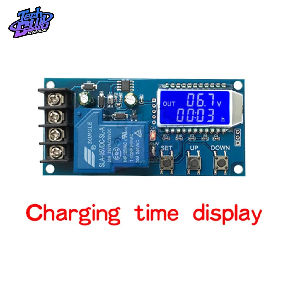 Automatic charger control: charges when voltage falls below threshold, stops at higher threshold.