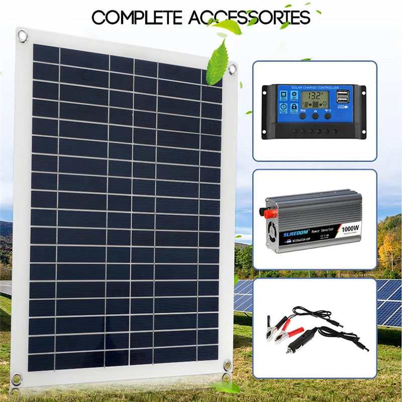 12V/24V Solar Panel, Comprehensive solar power kit with solar panel, charge controller, and inverter for efficient energy generation.
