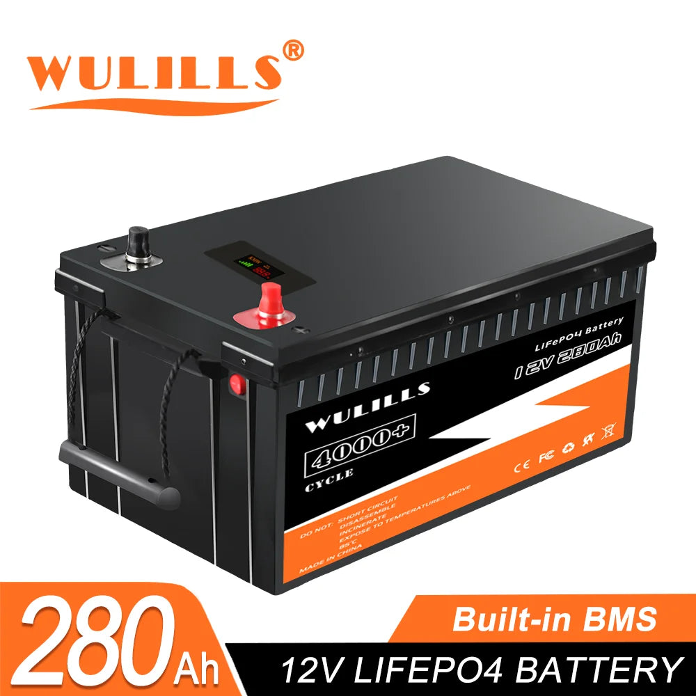 New 12V 280Ah LiFePO4 Battery, Rechargeable lithium iron phosphate battery pack with built-in BMS for solar, RV, boat, and motor applications.