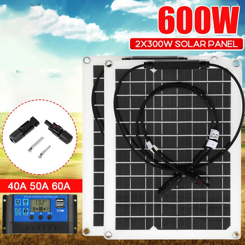 600W 300W Solar Panel, Solar panel bank with 2x 300W panels, 18V output, and IP65 waterproof rating for outdoor use.