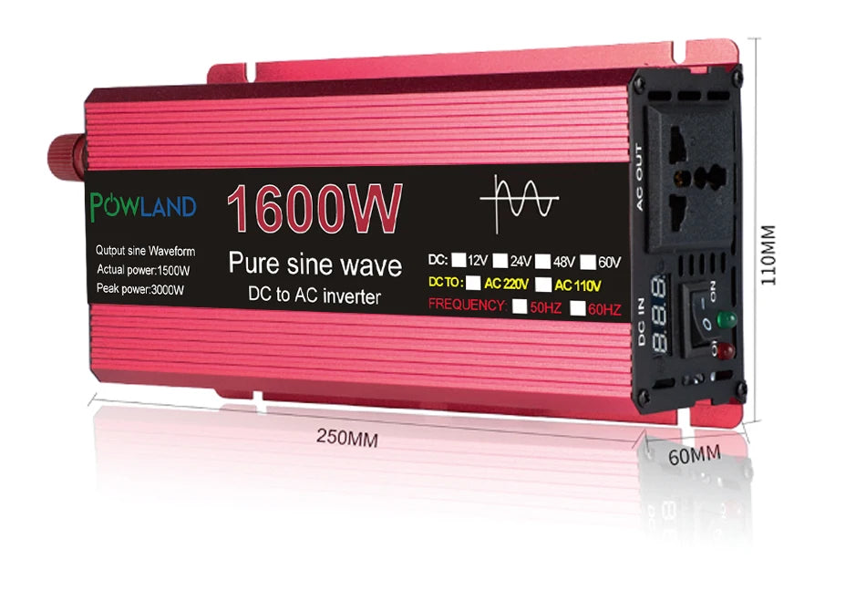 Pure Sine Wave Inverter, Inverter converts DC power to AC, supports up to 1600W, with 50Hz or 60Hz frequency options.