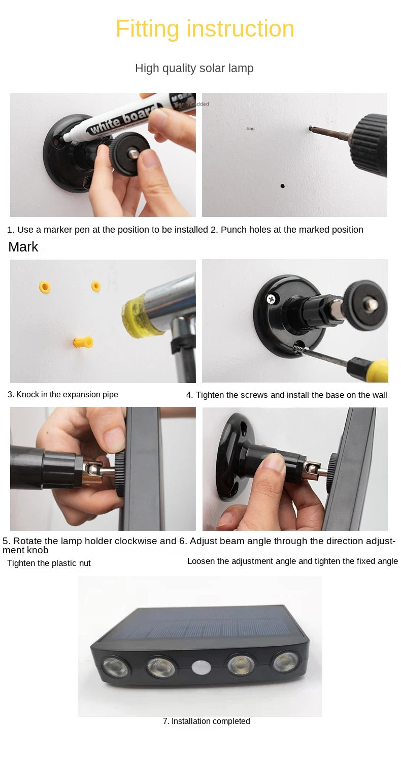 Powerful Solar Powered Led Wall Light, Easy installation instructions: mark spot, punch holes, insert pipe, secure base, adjust beam angle.