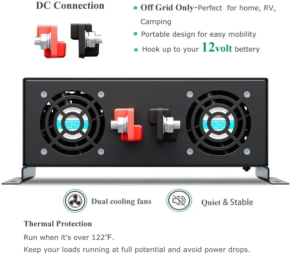 Pure Sine Wave Inverter, Compact off-grid inverter for home, RV, or camping; features dual cooling fans for quiet use.