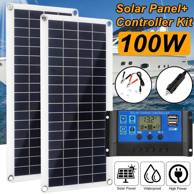 100W Solar Panel, Solar power kit charges car, yacht, or RV batteries safely and efficiently.