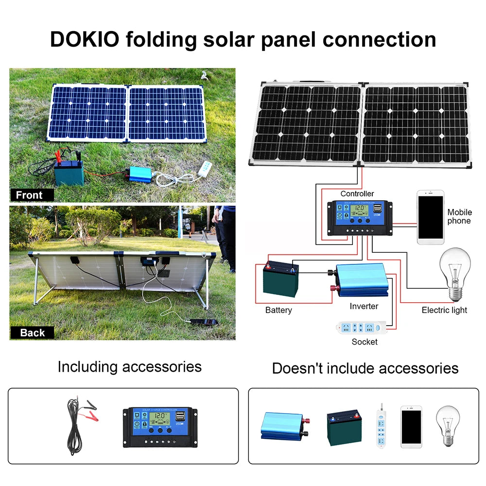 Dokio 100W Foldable Solar Panel, Dokio's foldable solar panel charges devices like phones and lights with invertible power.