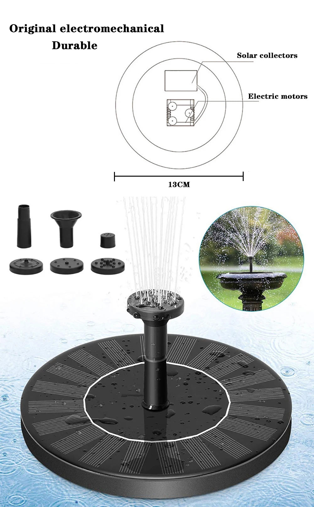 Mini Solar Water Fountain, Mini solar-powered water fountain features durable design with electric motor and 13cm collector.