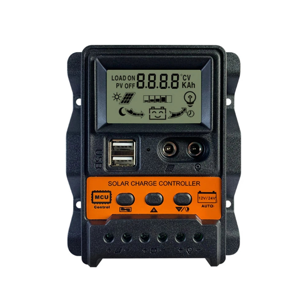 LCD Solar Charge Controller, Solar charge controller with power-off memory for 12V or 24V systems, adjusts charging voltage/current.