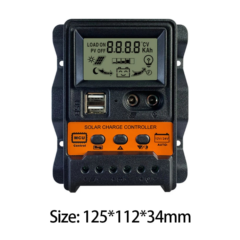 LCD Solar Charge Controller, Smart load controller for solar panels, suitable for 12V/24V systems, with automatic output sizing.