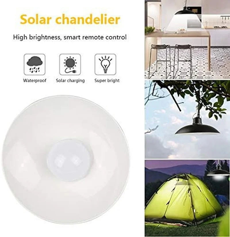 Bright LED solar pendant light with high brightness, waterproof design, and smart remote control for easy use.